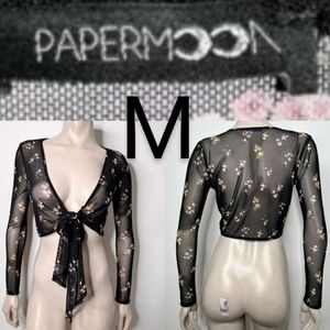 🆕Black Mesh Flower Print Longe Sleeve Crop Blouse~Size M
